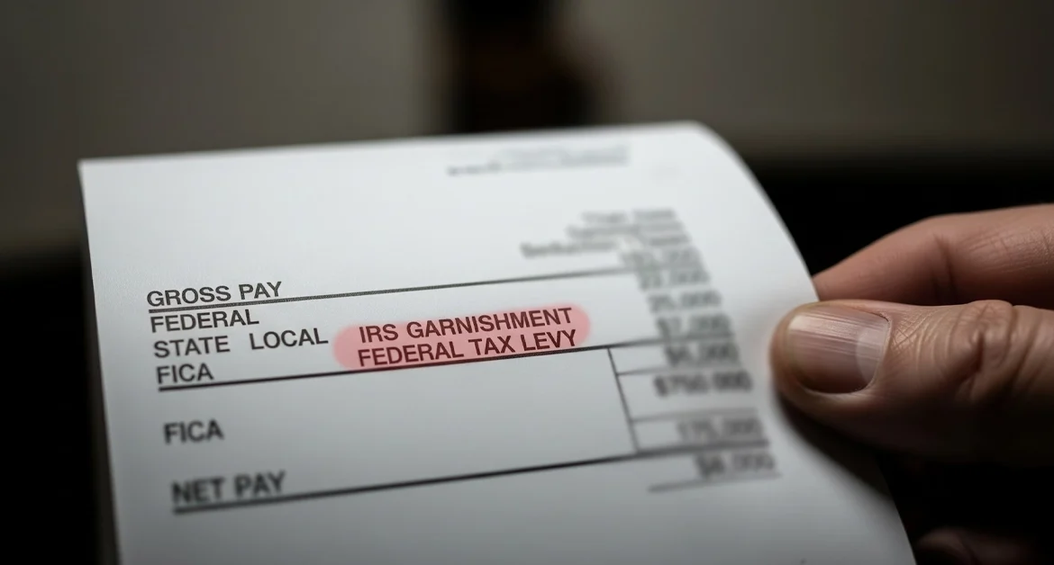 a photo of a paycheck being garnished by the IRS for unpaid back taxes