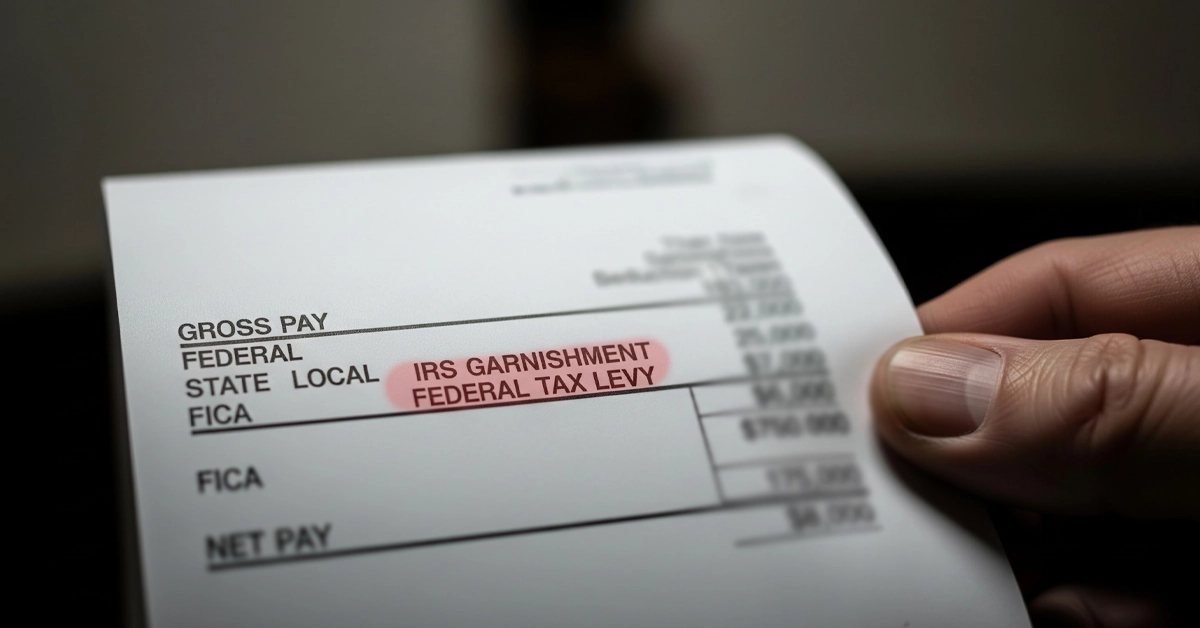 a photo of a paycheck being garnished by the IRS for unpaid back taxes